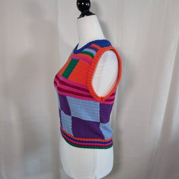 ZARA Knit Patchwork Sweater Vest Colorblock Cotton Size Small Eclectic Artsy - Picture 2 of 12